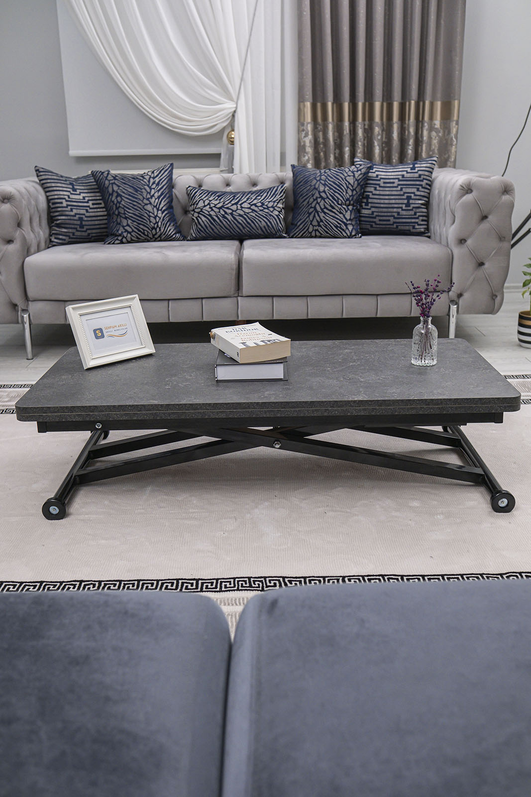 Home Smart Coffee Table – Grooved Anthracite MDF Top & Black Metal Legs