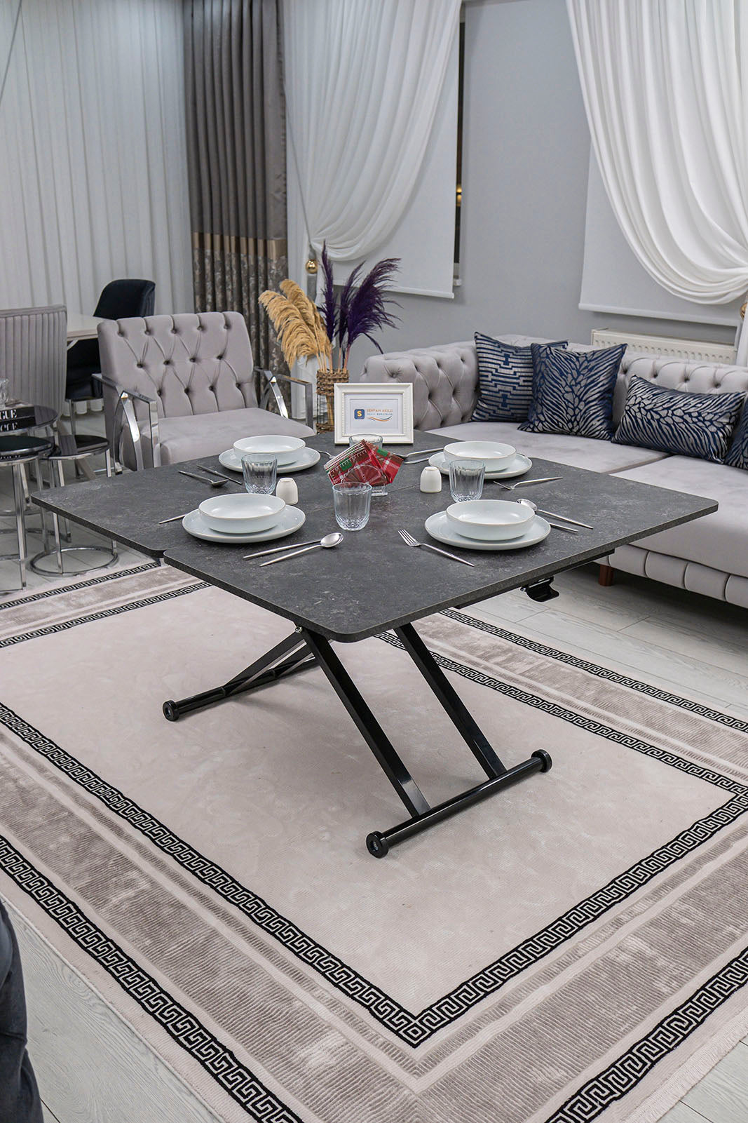 Home Smart Coffee Table – Grooved Anthracite MDF Top & Black Metal Legs