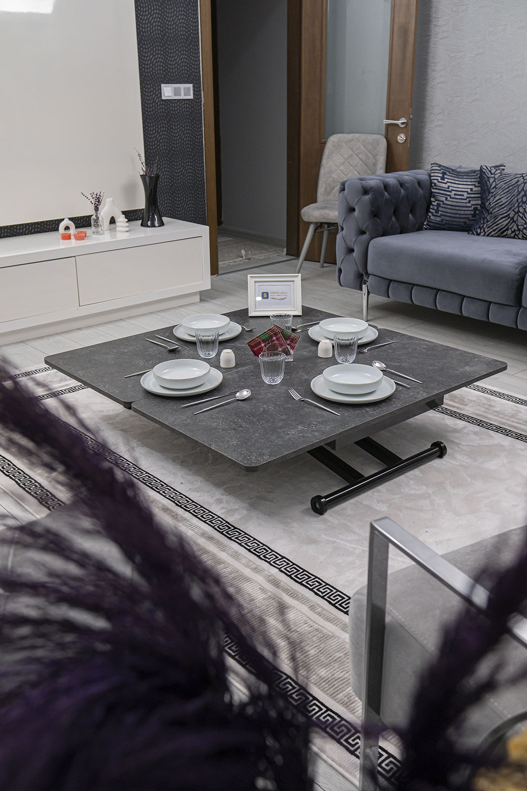 Home Smart Coffee Table – Grooved Anthracite MDF Top & Black Metal Legs
