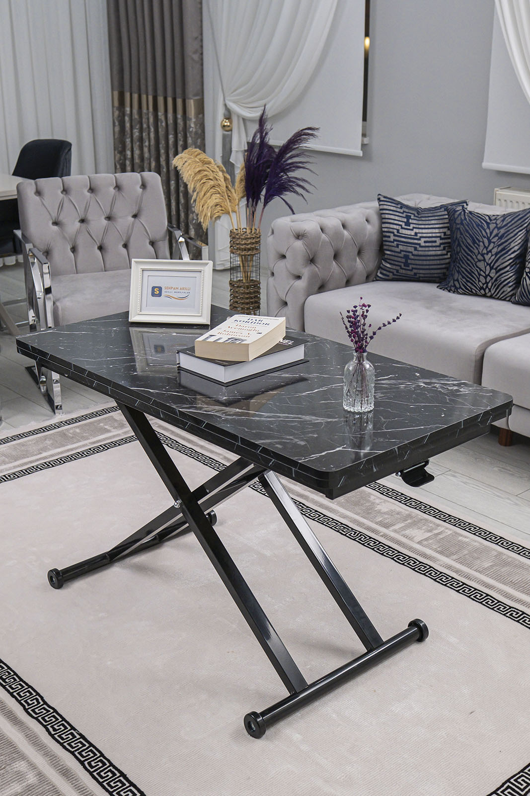 Home Smart Coffee Table – Black Marble MDF Top & Black Metal Leg