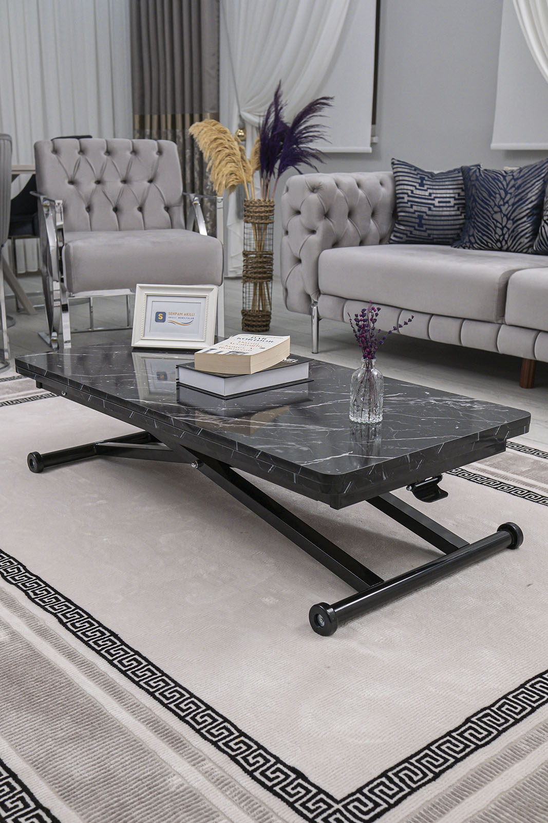 Home Smart Coffee Table – Black Marble MDF Top & Black Metal Leg