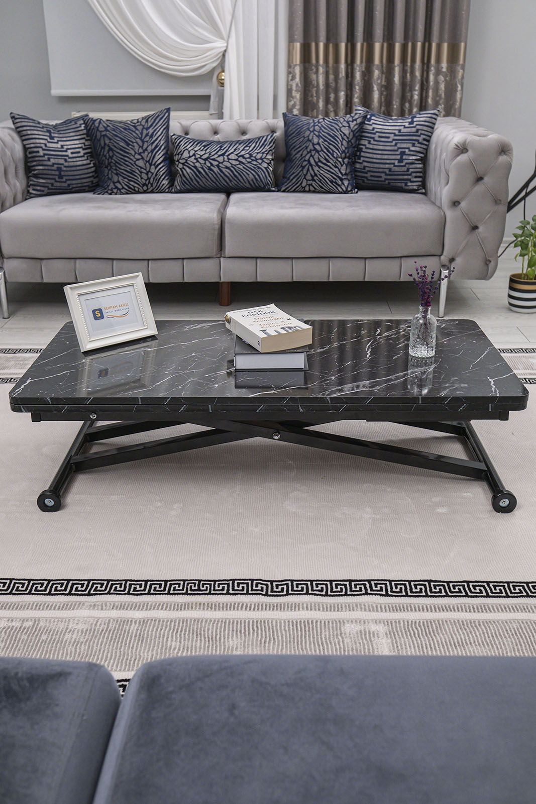 Home Smart Coffee Table – Black Marble MDF Top & Black Metal Leg