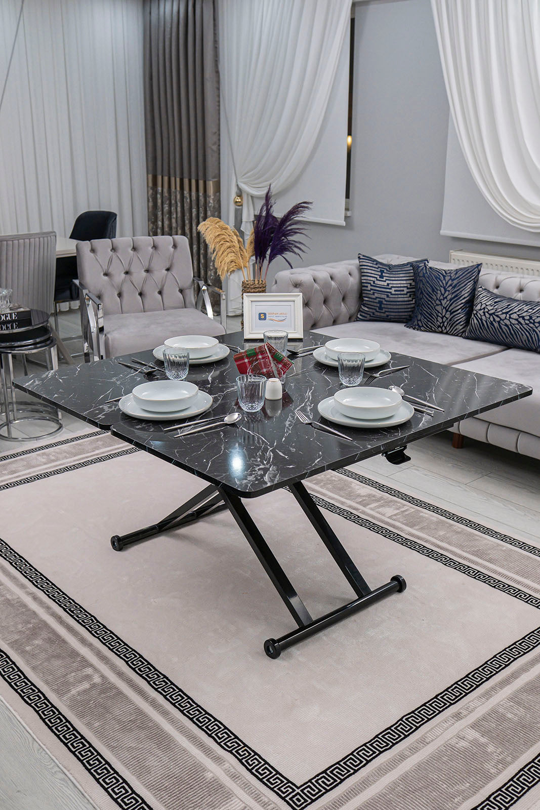 Home Smart Coffee Table – Black Marble MDF Top & Black Metal Leg