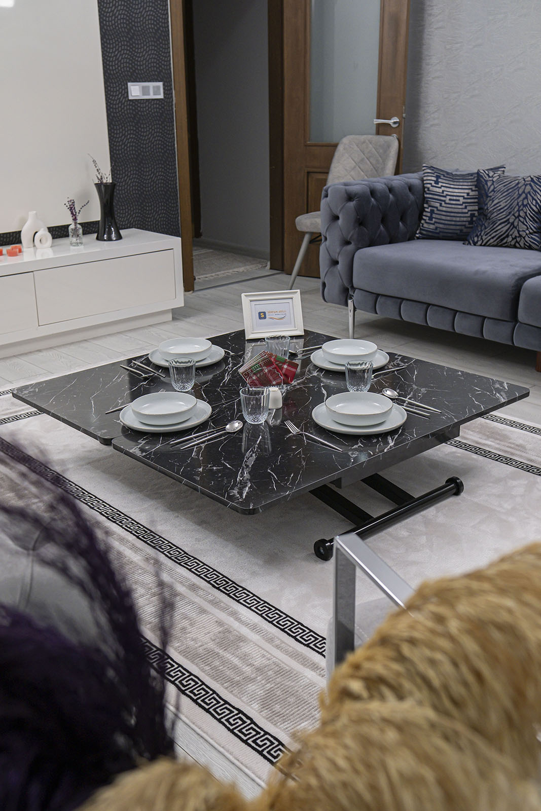 Home Smart Coffee Table – Black Marble MDF Top & Black Metal Leg