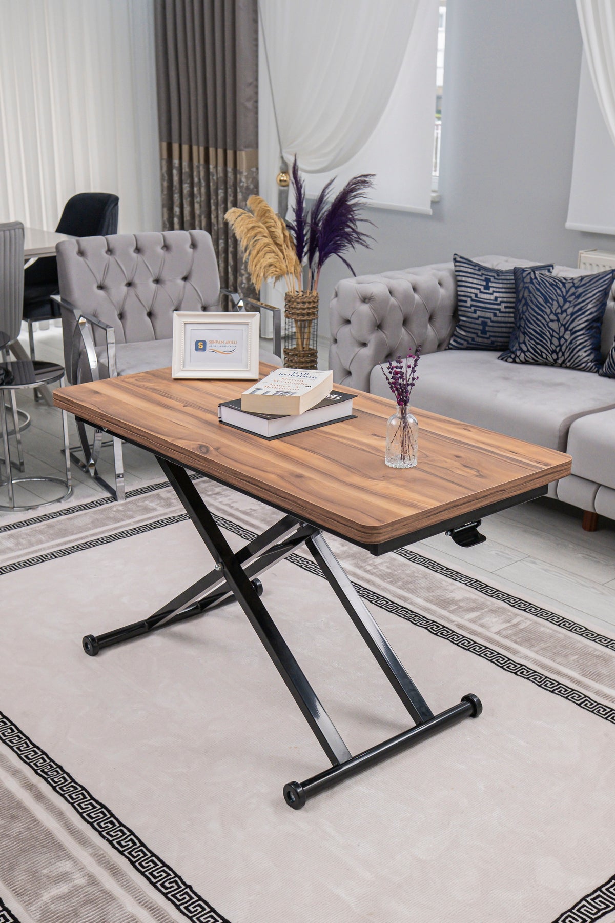 Home Smart Coffee Table – Antique Light MDF Top & Black Metal Legs