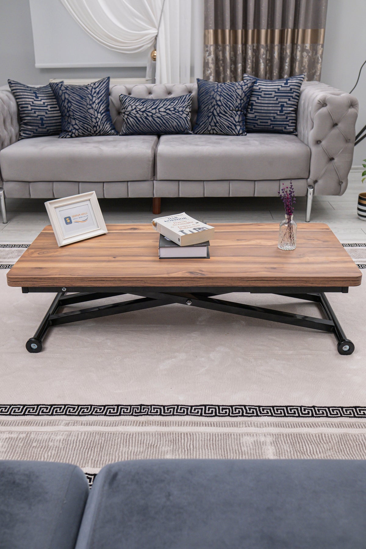 Home Smart Coffee Table – Antique Light MDF Top & Black Metal Legs