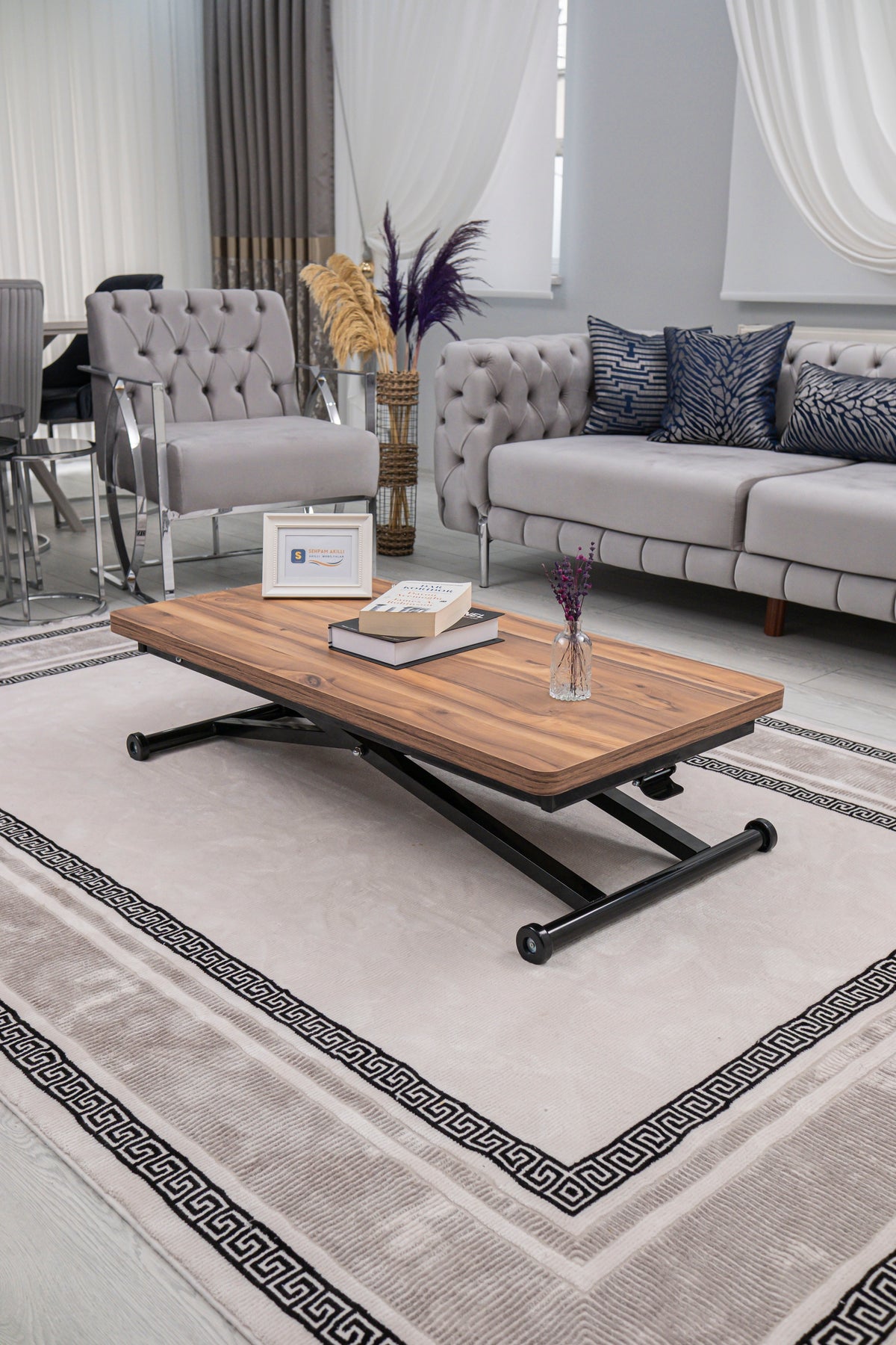 Home Smart Coffee Table – Antique Light MDF Top & Black Metal Legs