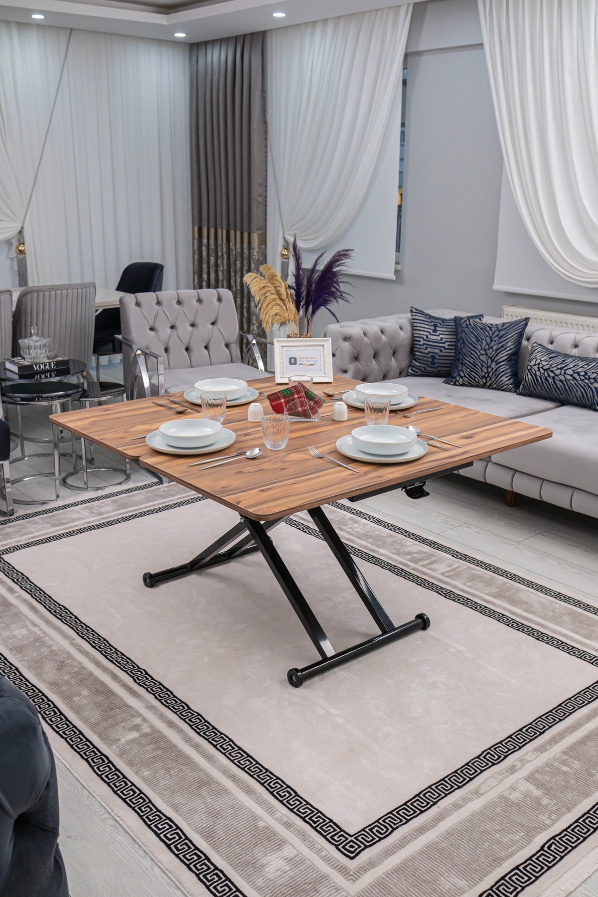 Home Smart Coffee Table – Antique Light MDF Top & Black Metal Legs