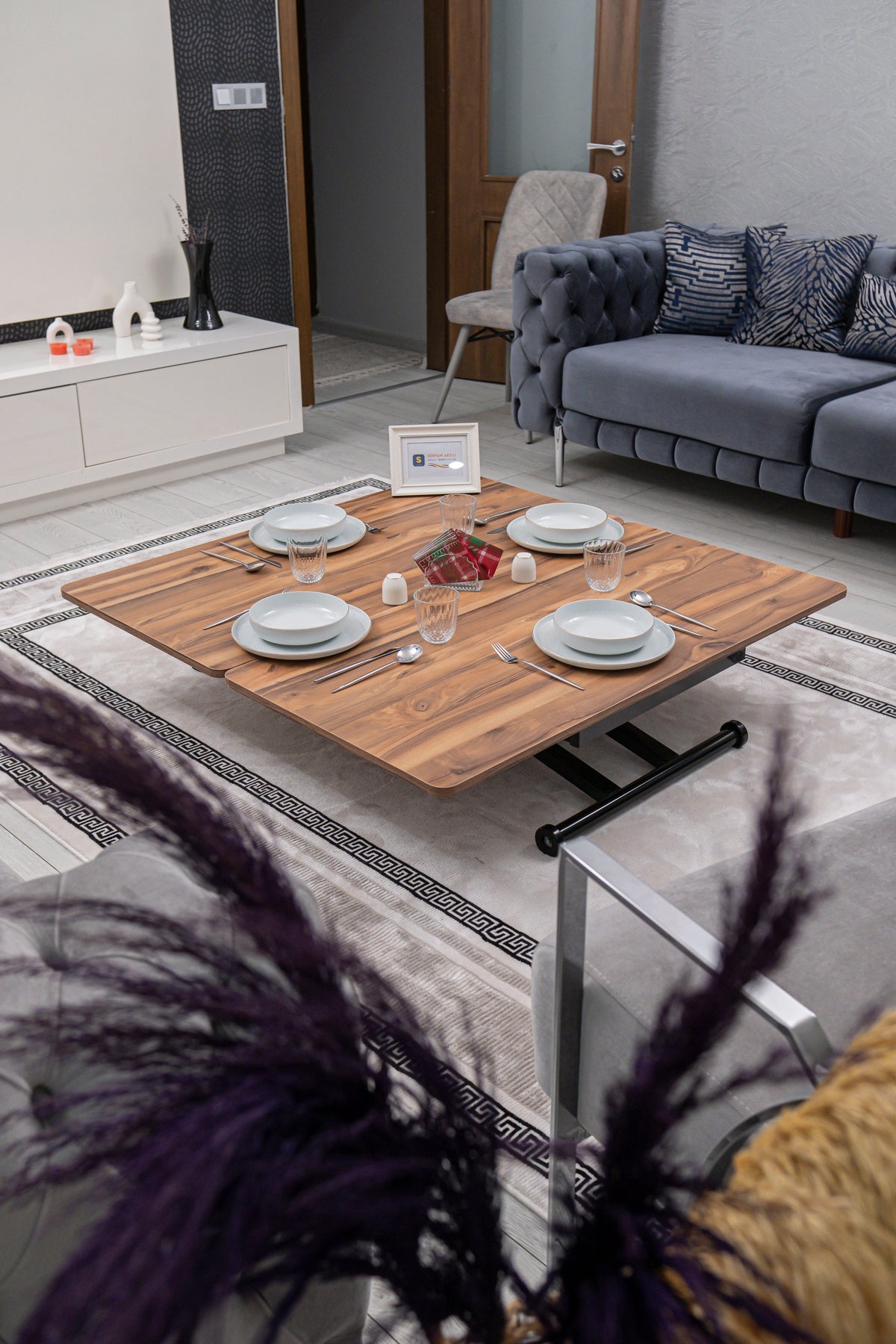 Home Smart Coffee Table – Antique Light MDF Top & Black Metal Legs