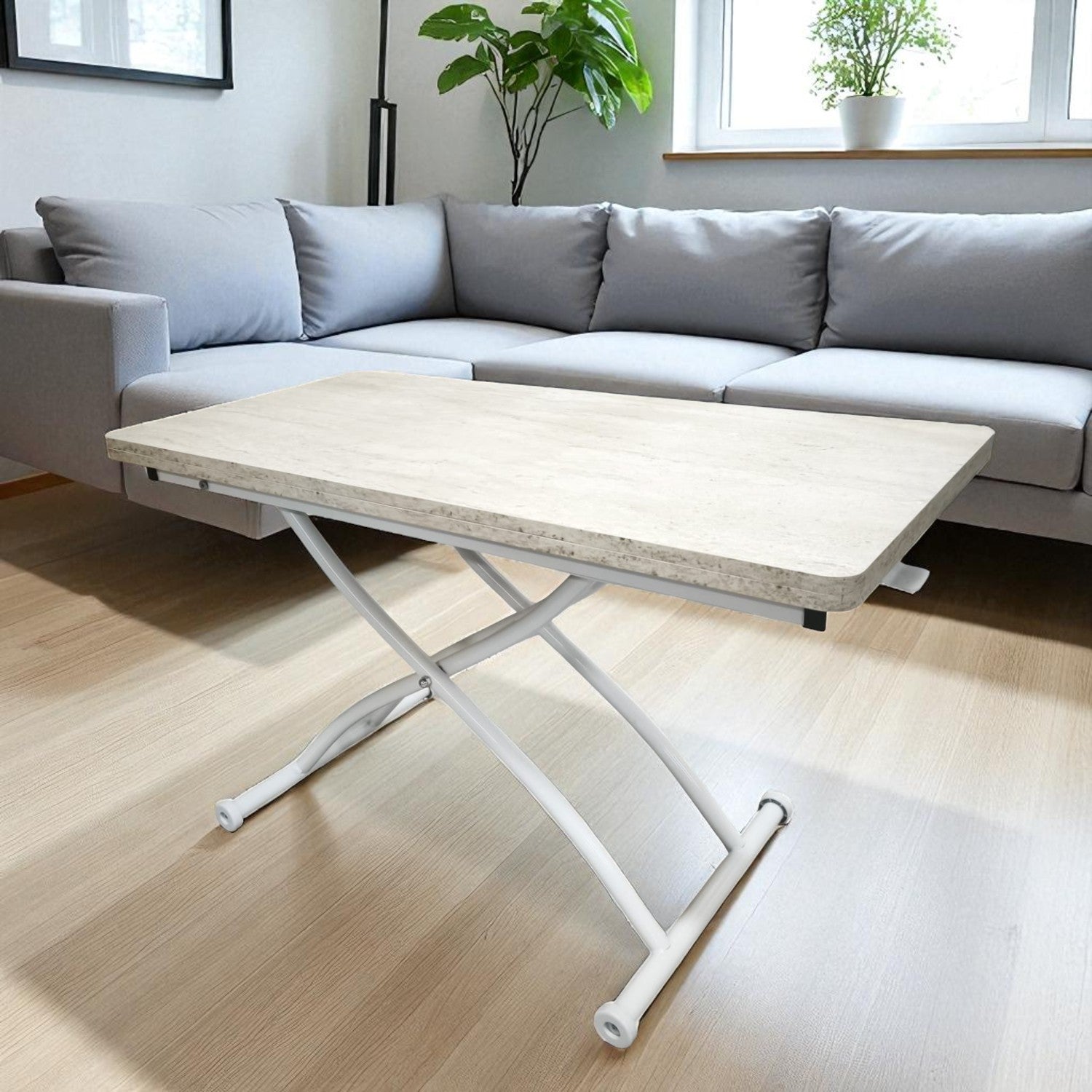 Juppo Smart Coffee Table – Travertine MDF Top & White Outwardly Curved Metal Legs