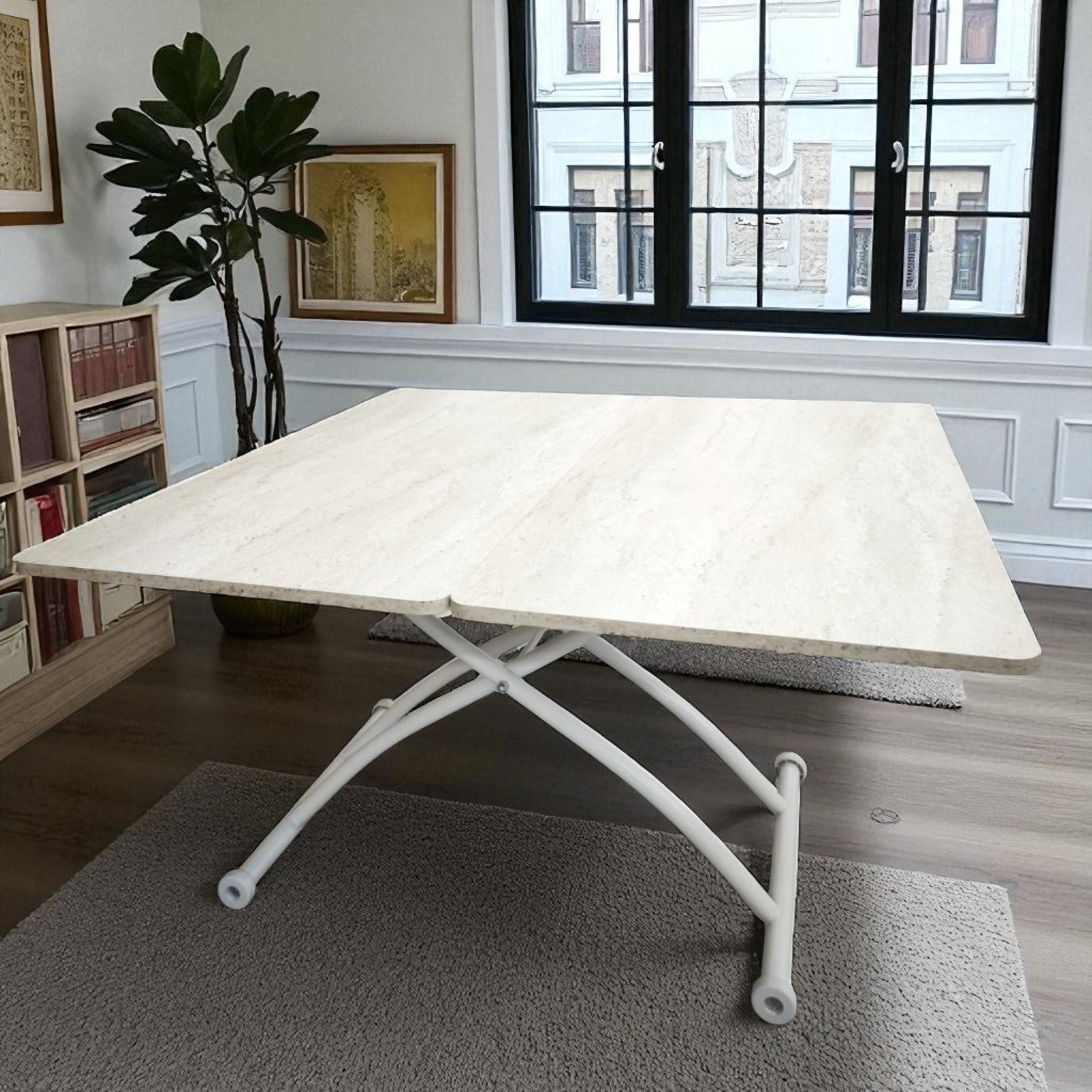 Juppo Smart Coffee Table – Travertine MDF Top & White Outwardly Curved Metal Legs