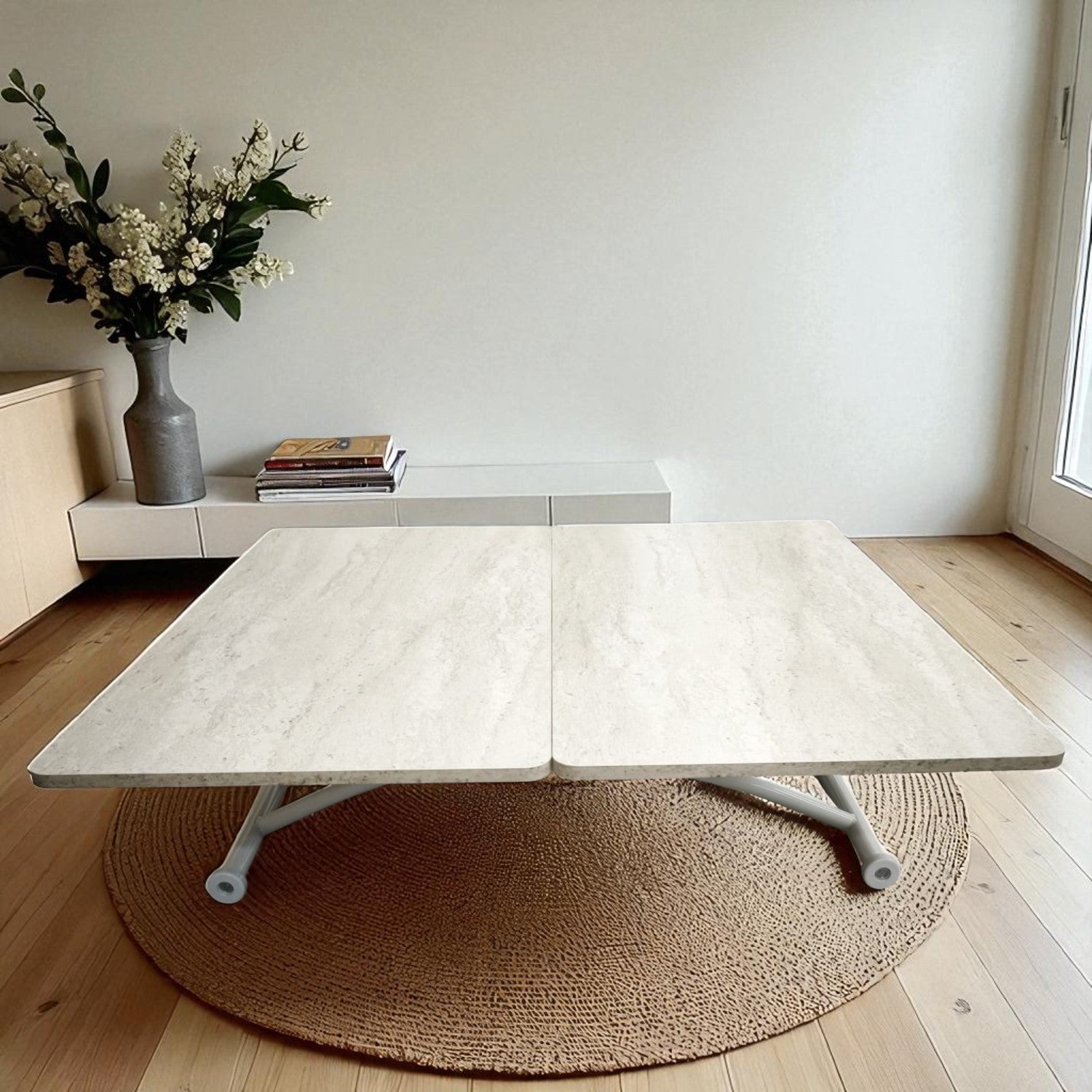 Juppo Smart Coffee Table – Travertine MDF Top & White Outwardly Curved Metal Legs