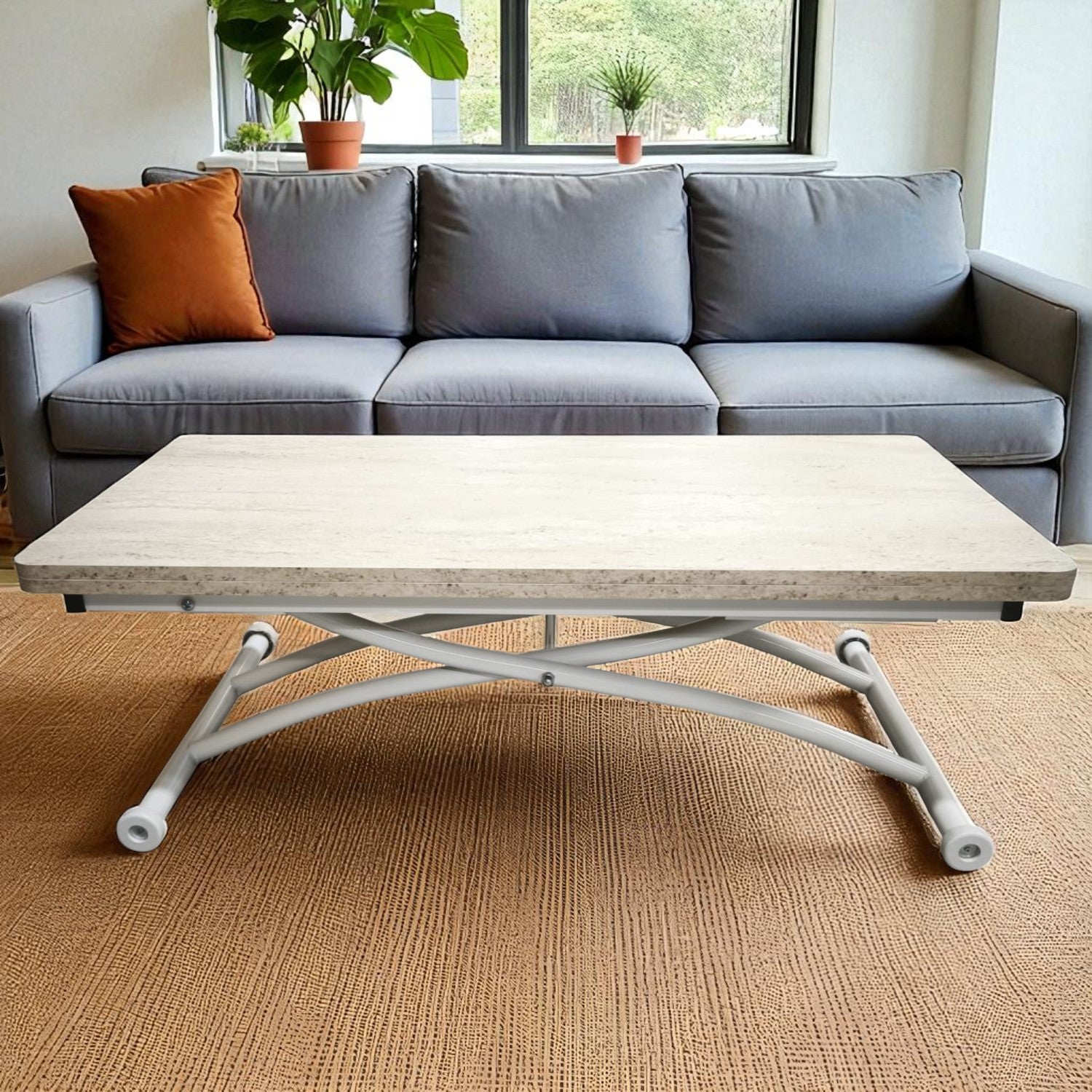 Juppo Smart Coffee Table – Travertine MDF Top & White Outwardly Curved Metal Legs