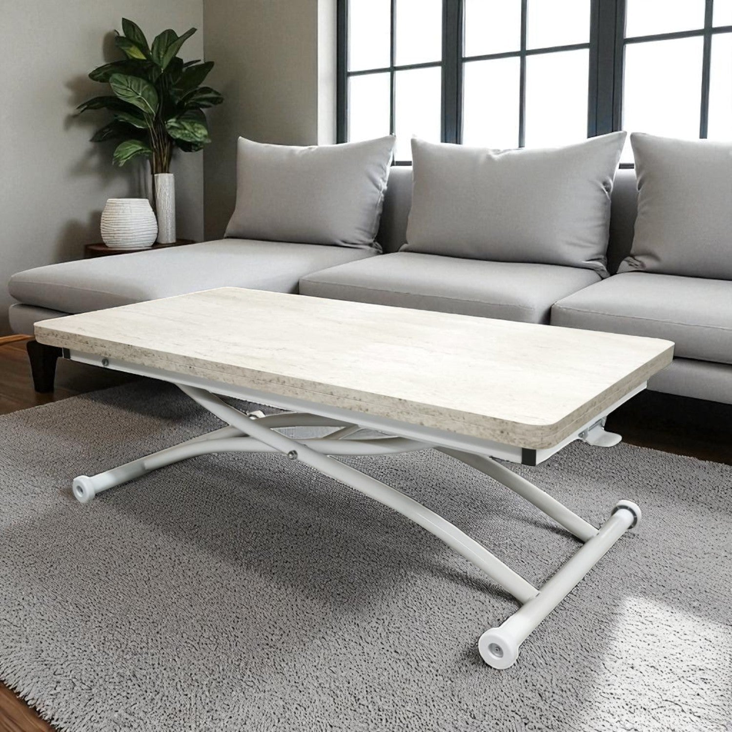 Juppo Smart Coffee Table – Travertine MDF Top & White Outwardly Curved Metal Legs