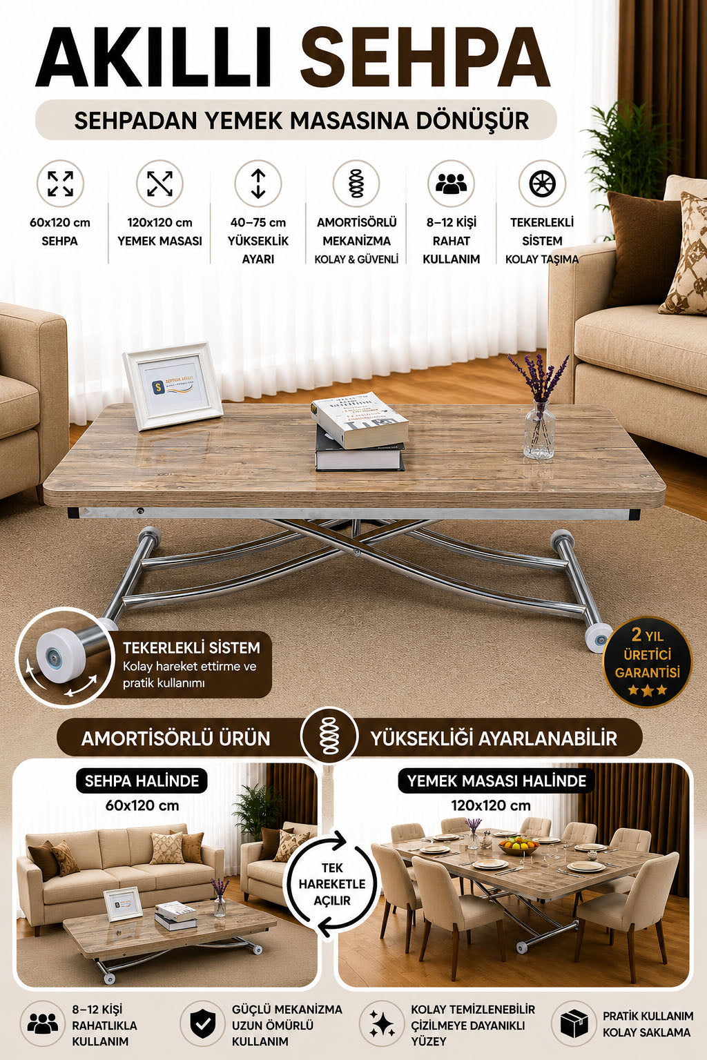 Juppo Smart Coffee Table – Anti-Scratch MDF Top & Chrome Metal Leg