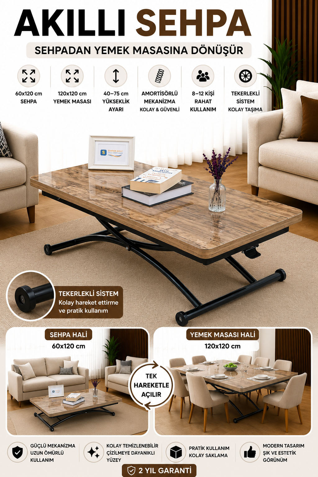 Juppo Smart Coffee Table - Antiquelight MDF Top & Black Outward Curving Metal Legs
