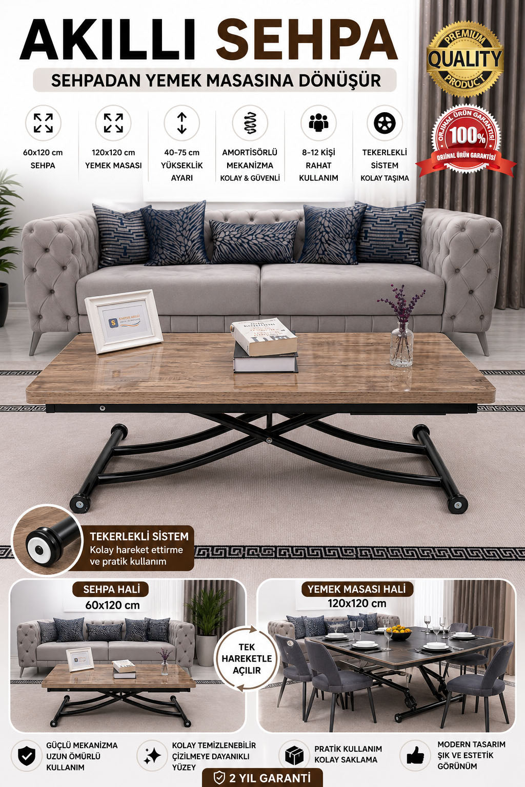 Juppo Smart Coffee Table - Antiklayt MDF Top & Black Metal Legs