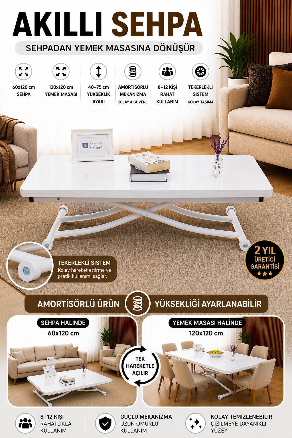 Juppo Smart Coffee Table – White MDF Top & White Metal Leg