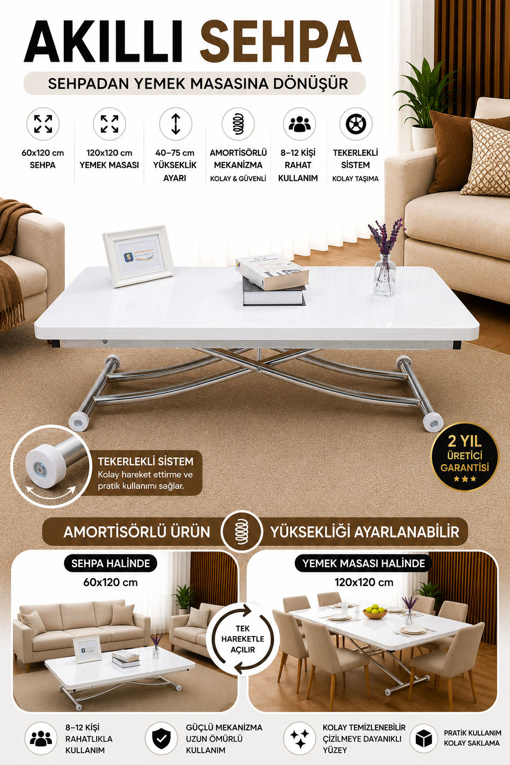 Juppo Smart Coffee Table – White MDF Top & Chrome Metal Leg