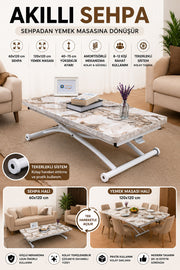 Juppo Smart Coffee Table – White Marble MDF Top & White Outward-Curving Metal Legs