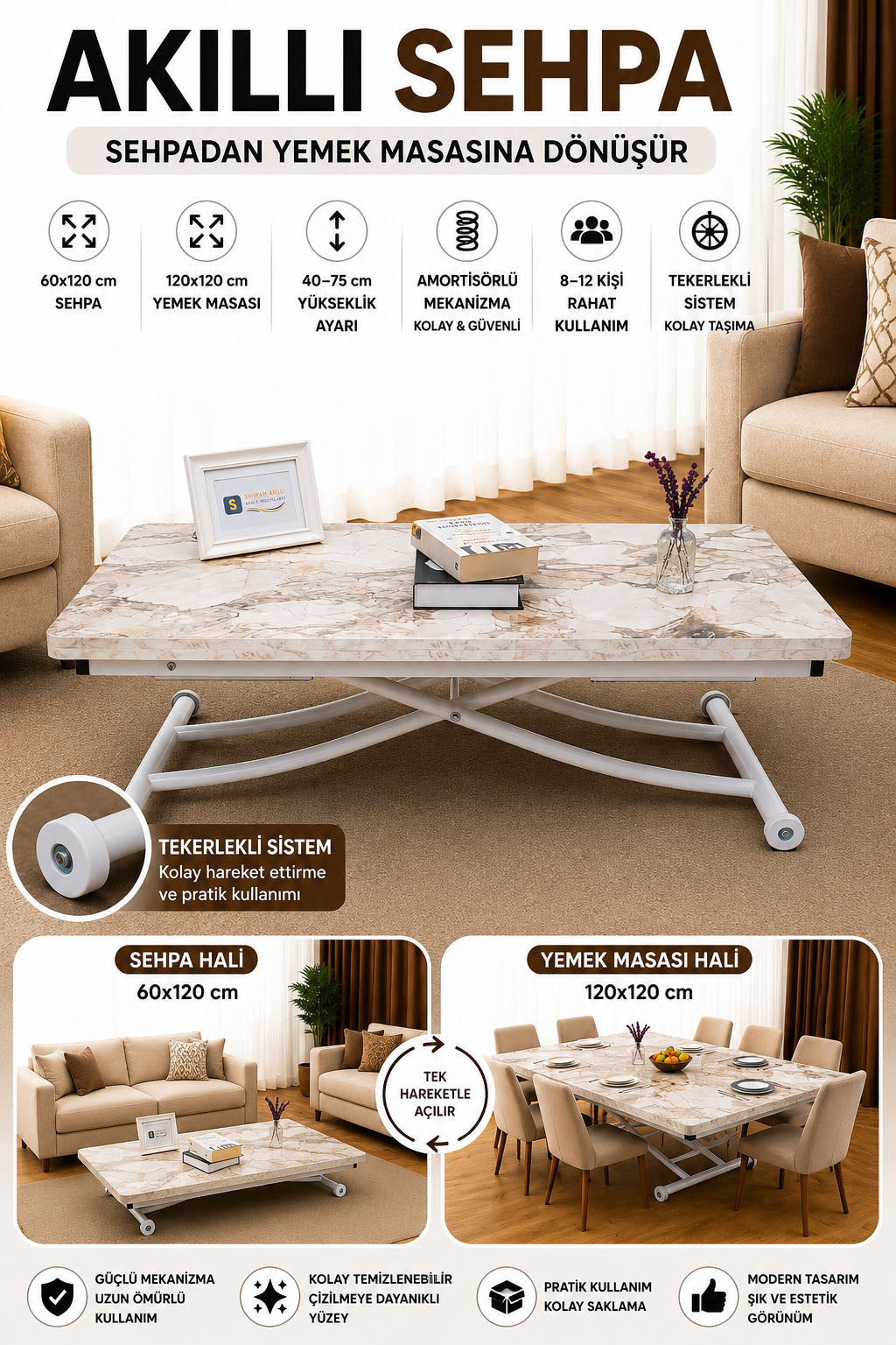 Juppo Smart Coffee Table – White Marble MDF Top & White Metal Leg