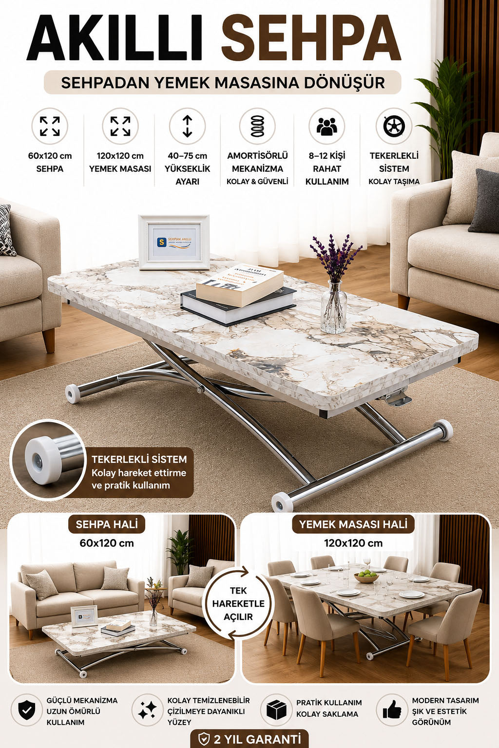 Juppo Smart Coffee Table – White Marble MDF Top & Chrome Outward Curved Metal Leg