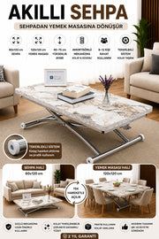 Juppo Smart Coffee Table – White Marble MDF Top & Chrome Outward Curved Metal Leg