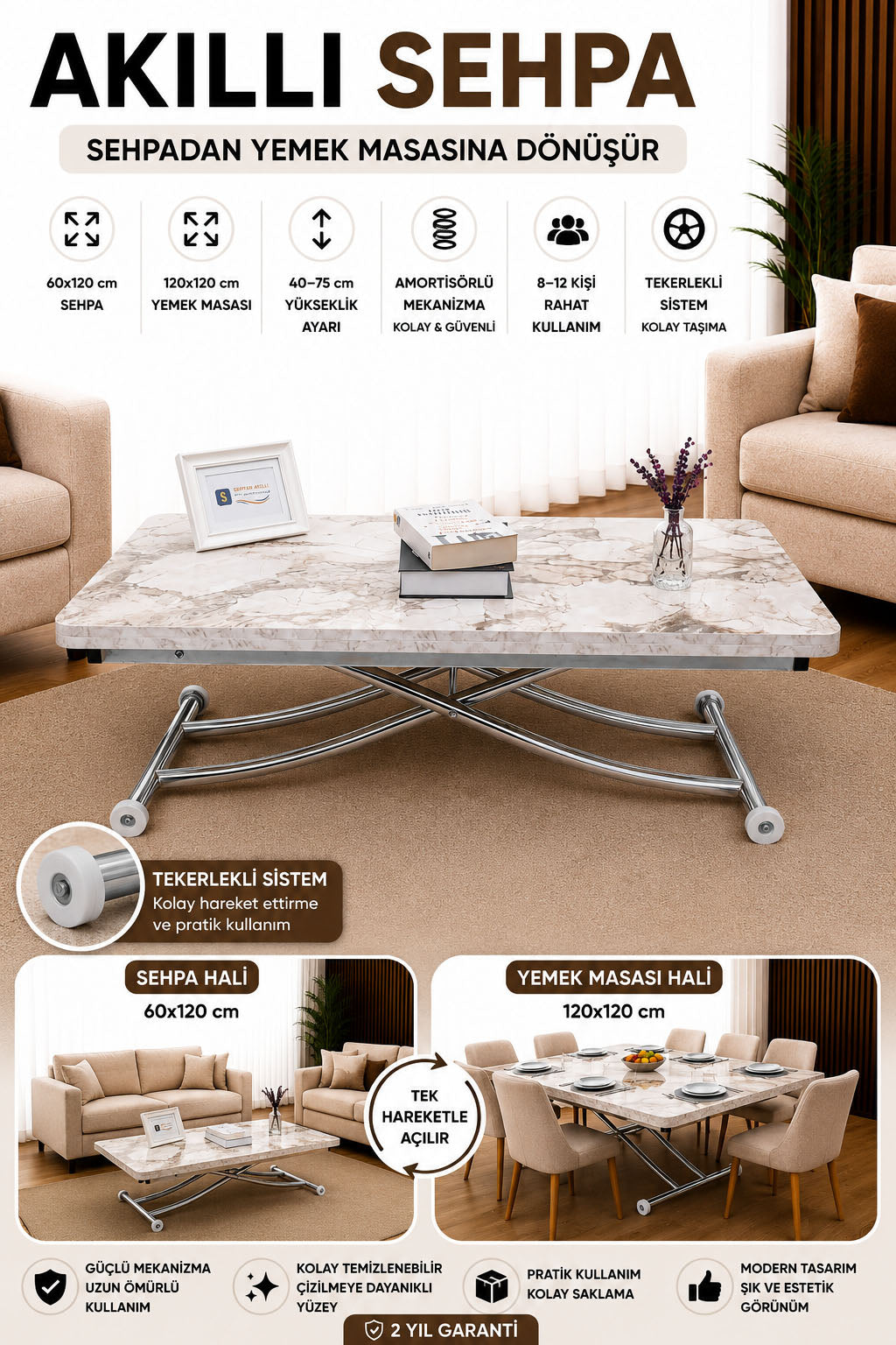 Juppo Smart Coffee Table – White Marble MDF Top & Chrome Metal Leg