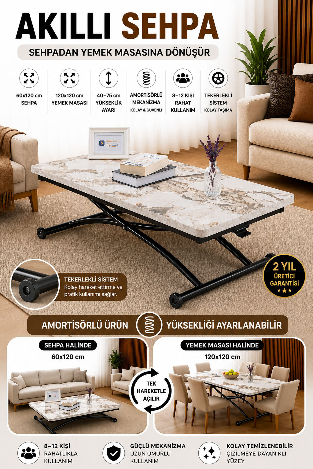 Juppo Smart Coffee Table – White Marble MDF Top & Black Outward Curved Metal Leg