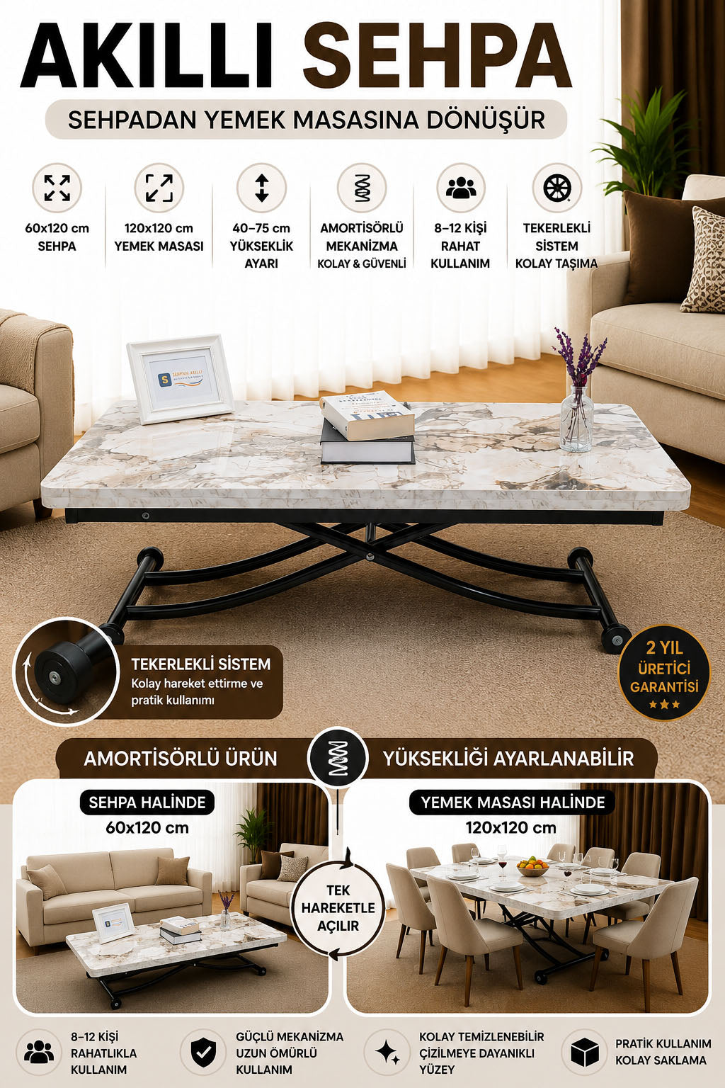 Juppo Smart Coffee Table – White Marble MDF Top & Black Metal Legs