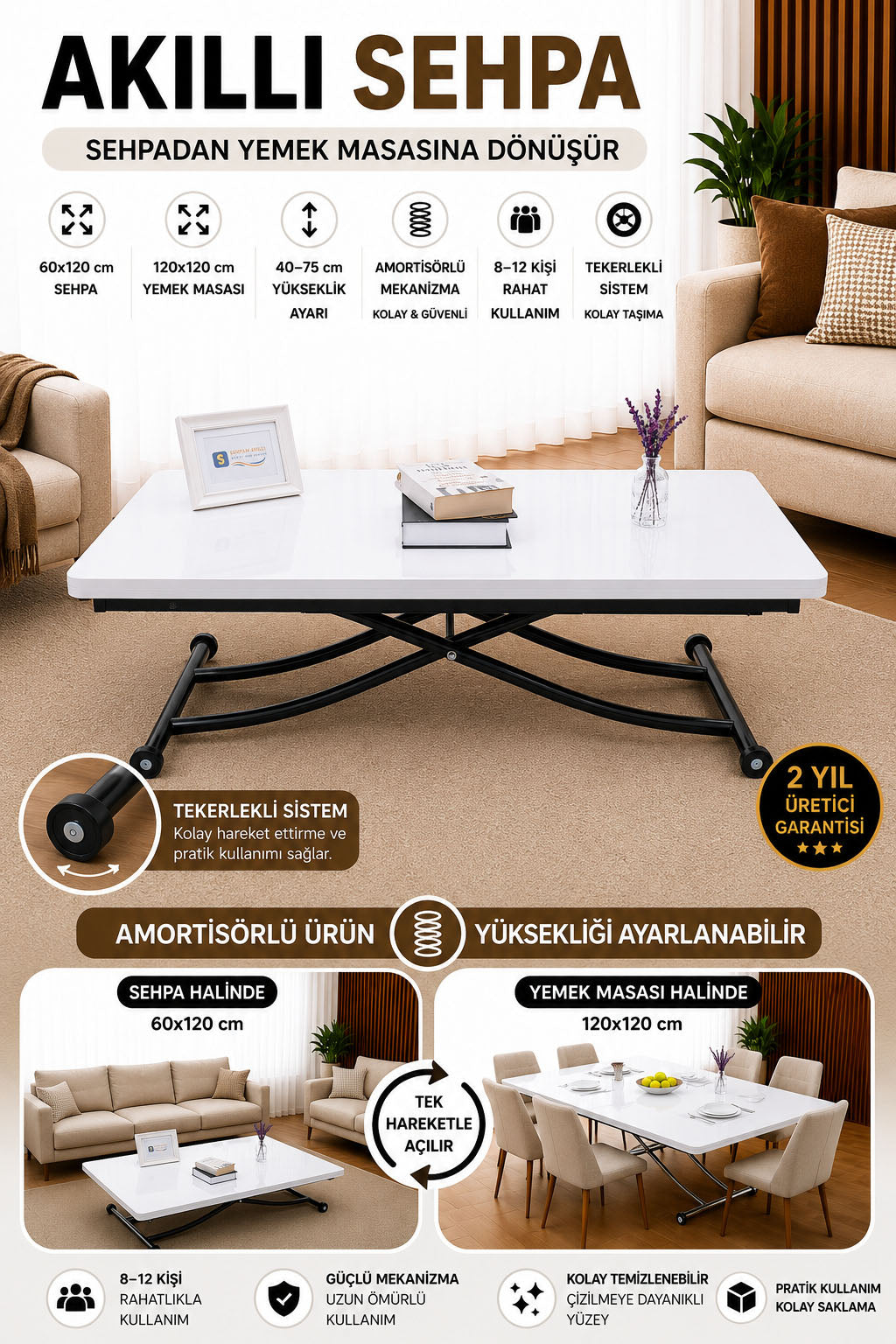 Juppo Smart Coffee Table – White MDF Top & Black Metal Legs