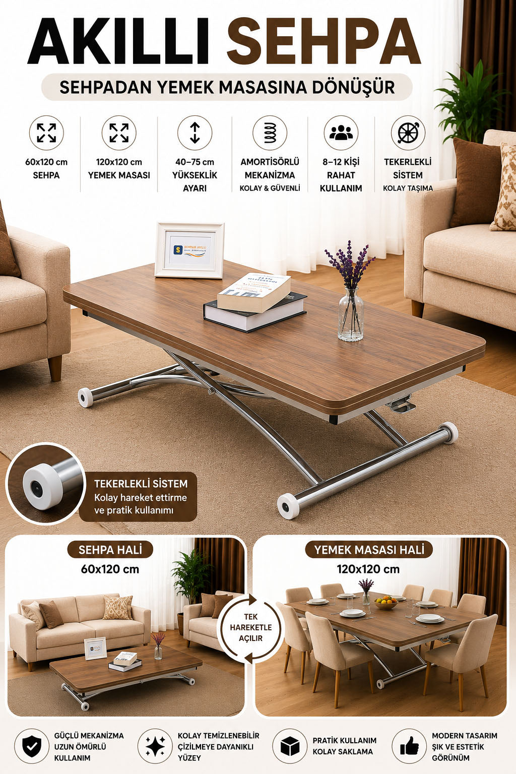 Juppo Smart Coffee Table – Walnut MDF Top & Chrome Outward Curved Metal Legs