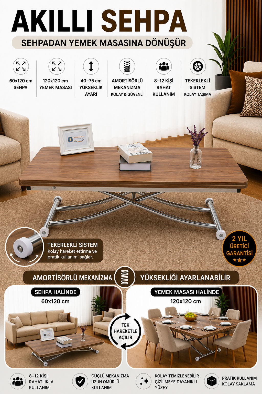Juppo Smart Coffee Table – Walnut MDF Top & Chrome Metal Leg