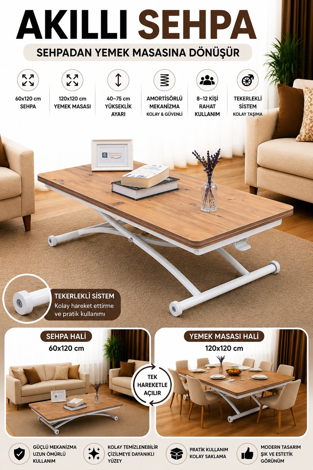 Juppo Smart Coffee Table – EfesCam MDF Top & White Outward-Curving Metal Legs