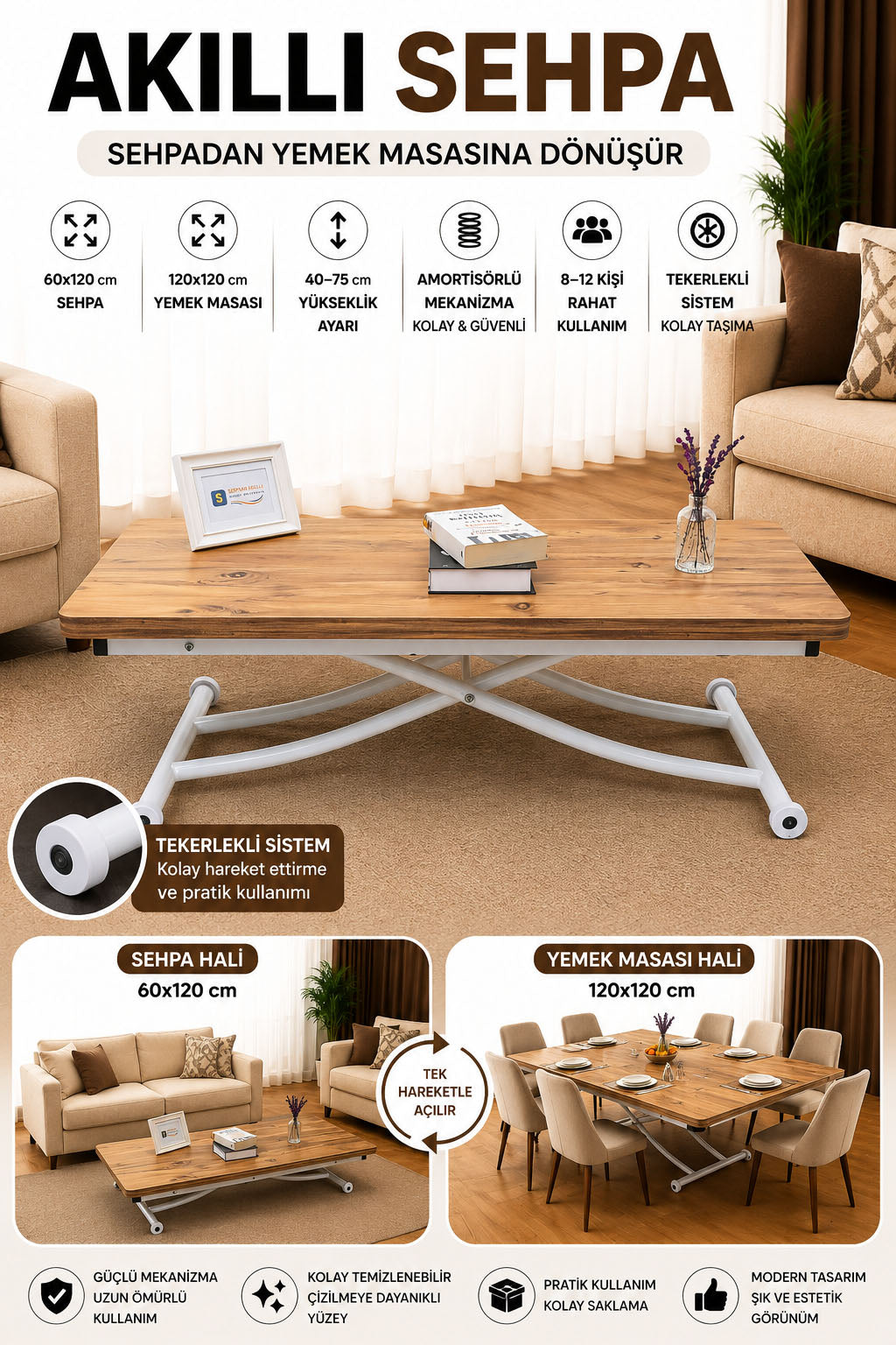 Juppo Smart Coffee Table – EfesCam MDF Top & White Metal Leg