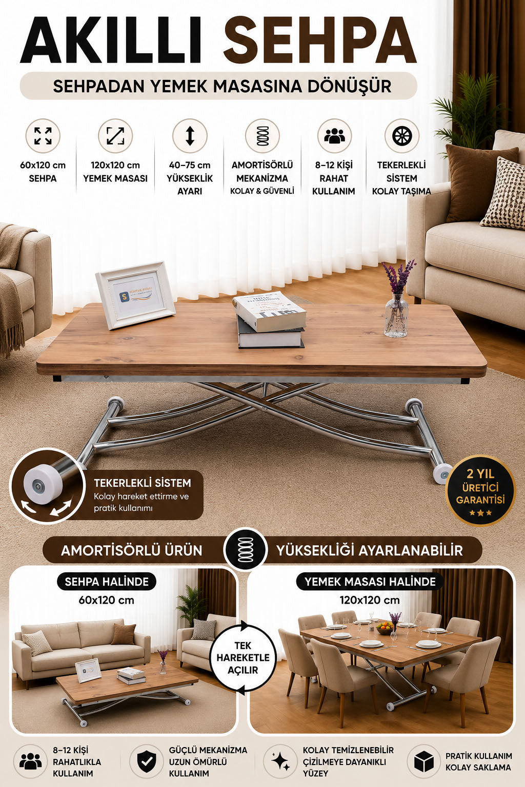 Juppo Smart Coffee Table – EfesCam MDF Top & Chrome Metal Leg