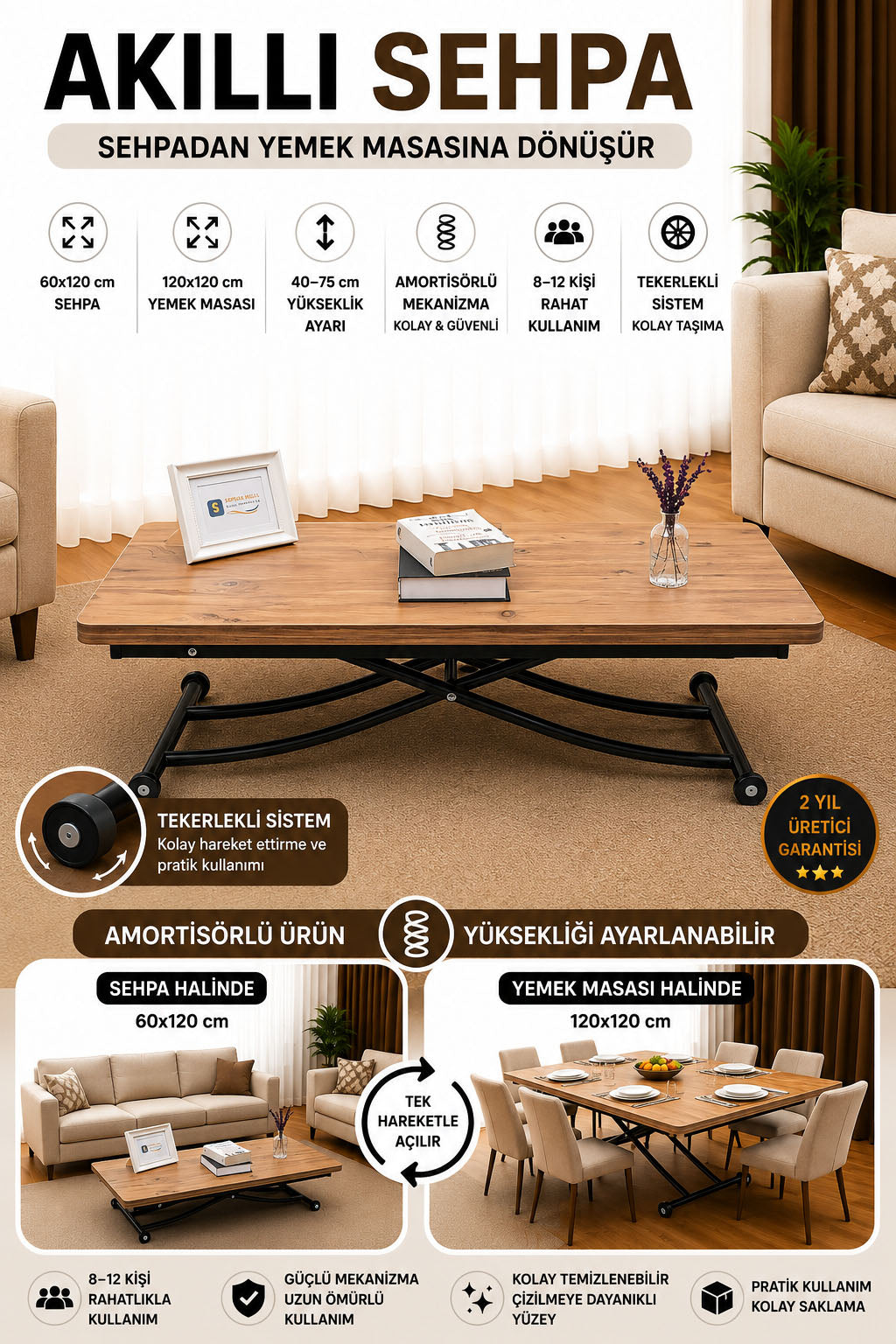 Juppo Smart Coffee Table – EfesCam MDF Top & Black Metal Legs