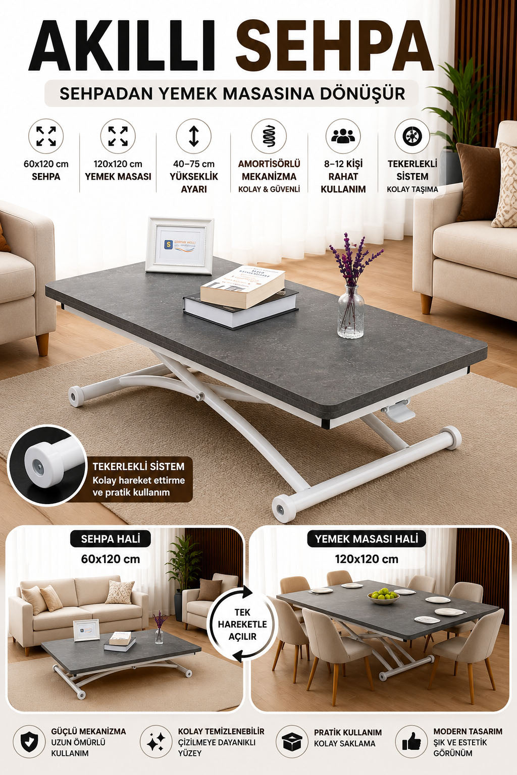 Juppo Smart Coffee Table – Anthracite MDF Top with Milling & White Outward Curved Metal Legs