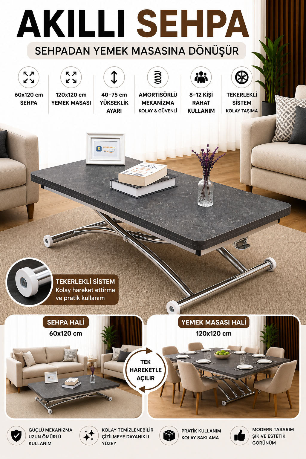Juppo Smart Coffee Table – Milled Anthracite MDF Top & Chrome Outward Curved Metal Leg