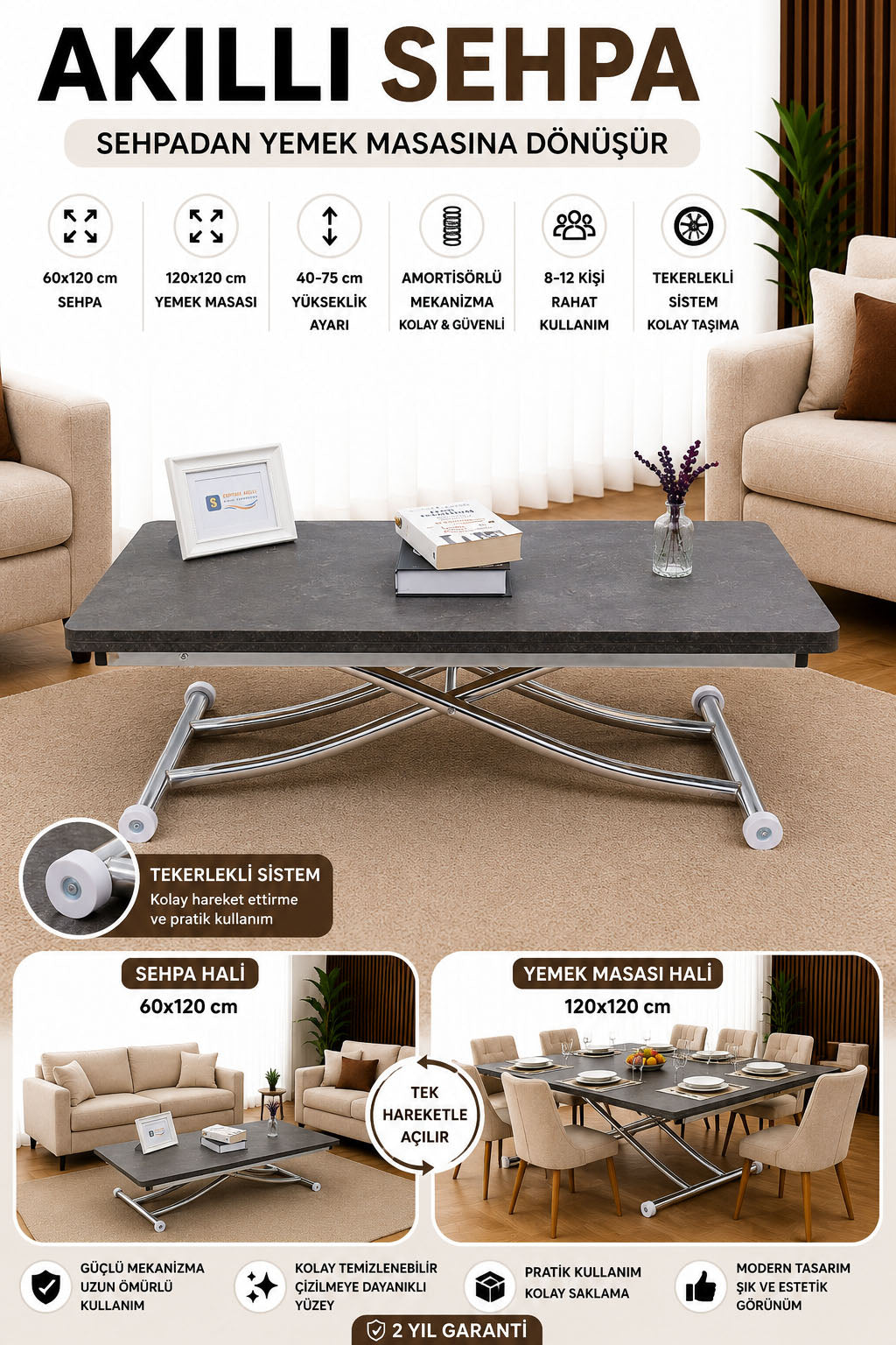 Juppo Smart Coffee Table – Milled Anthracite MDF Top & Chrome Metal Legs