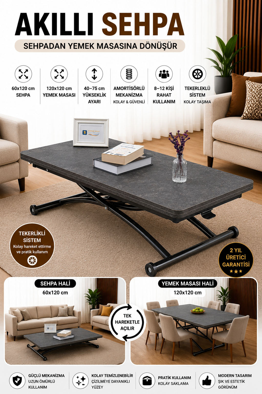 Juppo Smart Coffee Table – Grooved Anthracite MDF Top & Black Outward-Curving Metal Legs