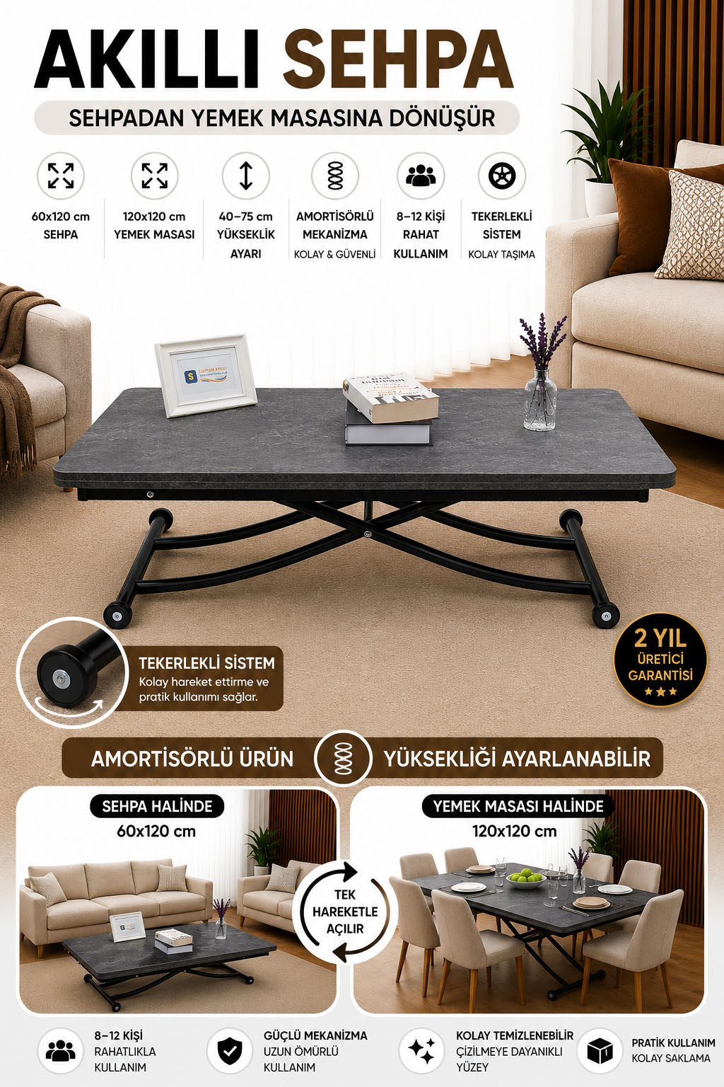 Juppo Smart Coffee Table – Anthracite Grooved MDF Top & Black Metal Legs