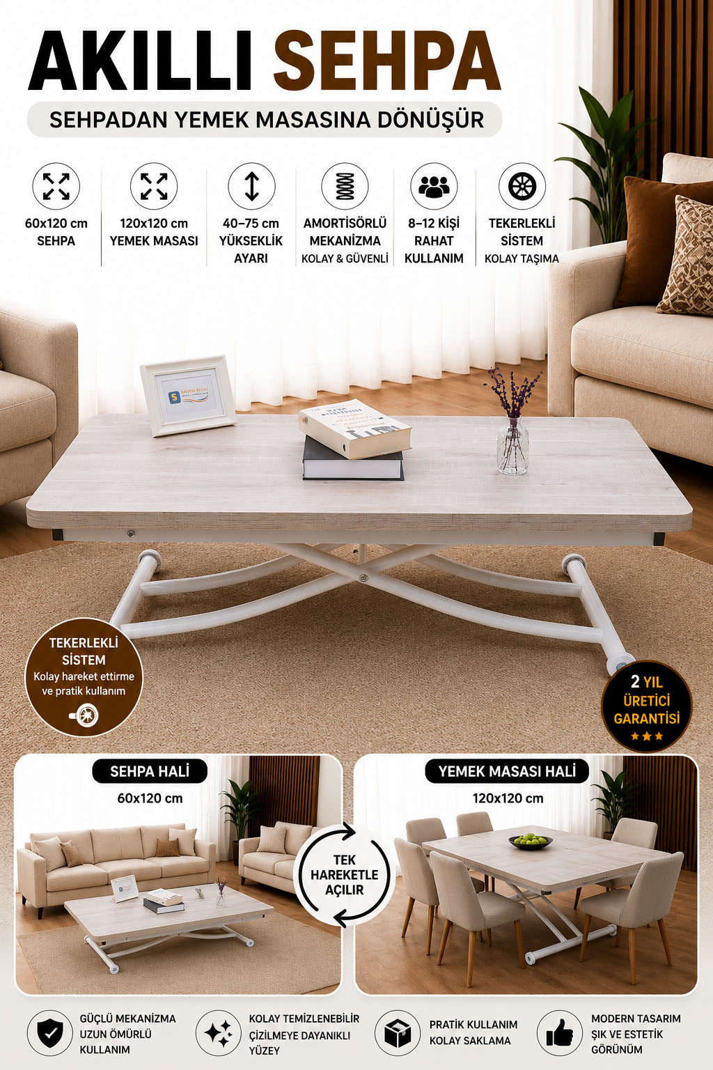Juppo Smart Coffee Table – Lisbon MDF Top & White Metal Leg