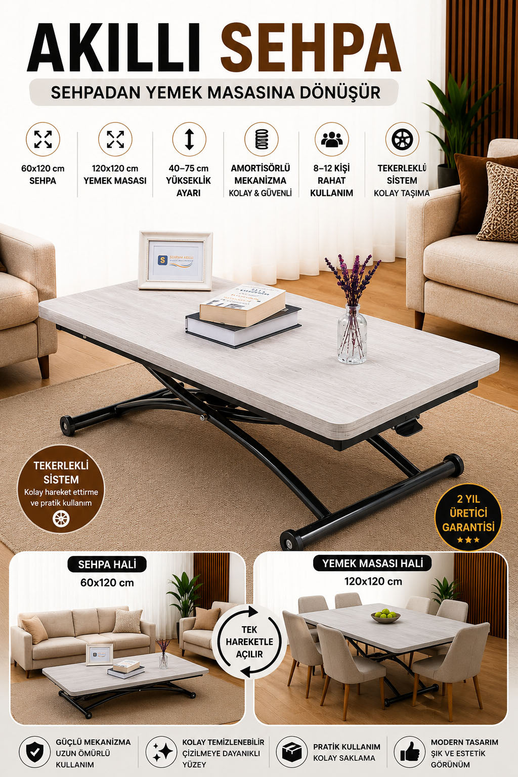 Juppo Smart Coffee Table – Lisbon MDF Top & Black Outward Curved Metal Legs