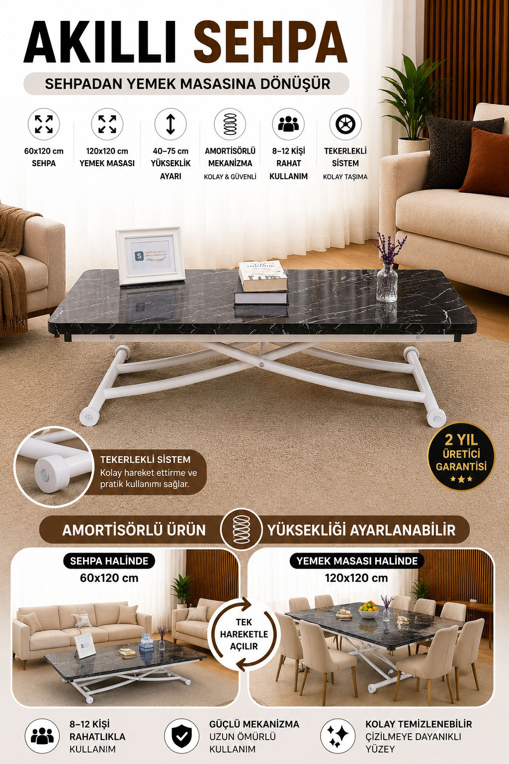 Juppo Smart Coffee Table – Black Marble MDF Top & White Metal Leg