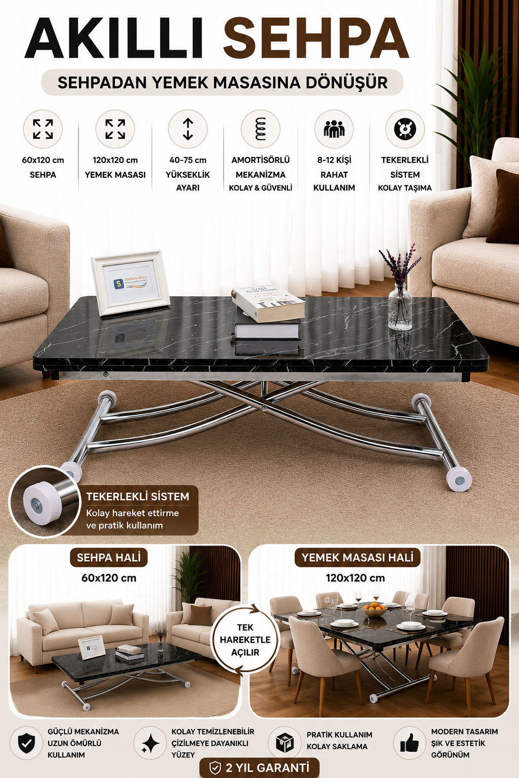 Juppo Smart Coffee Table – Black Marble MDF Top & Chrome Metal Leg