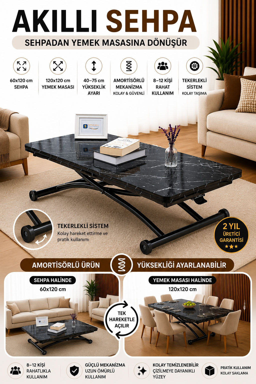 Juppo Smart Coffee Table – Black Marble MDF Top & Black Outward Curved Metal Leg
