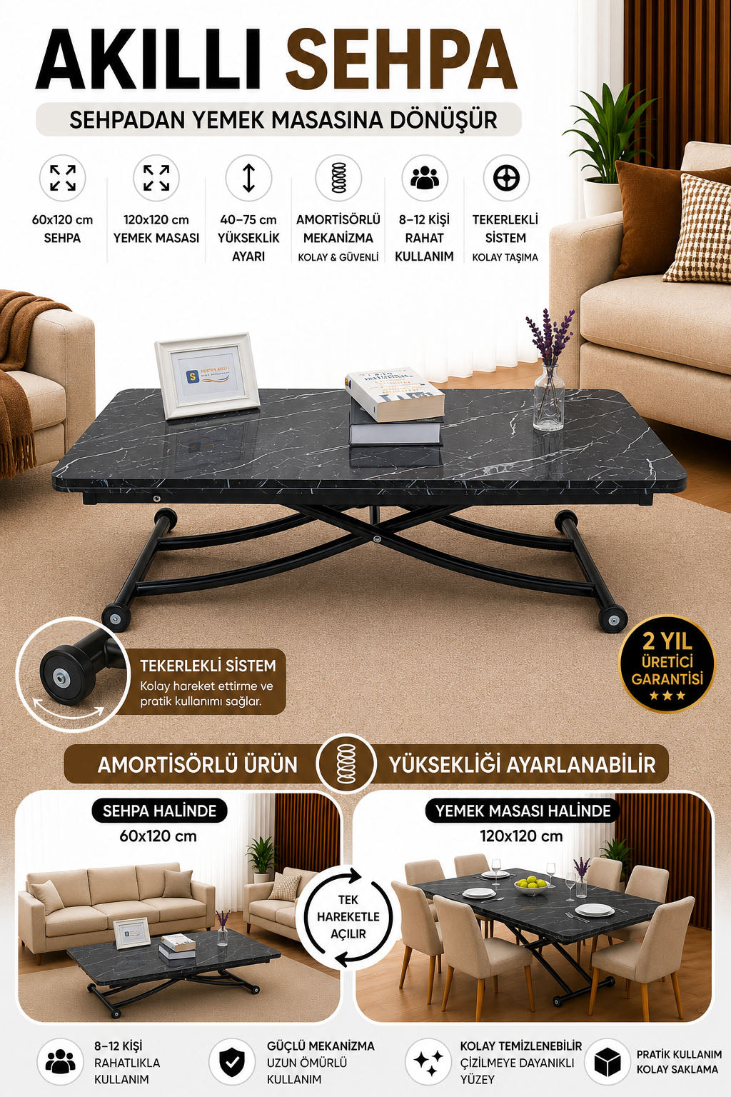 Juppo Smart Coffee Table – Black Marble MDF Top & Black Metal Leg