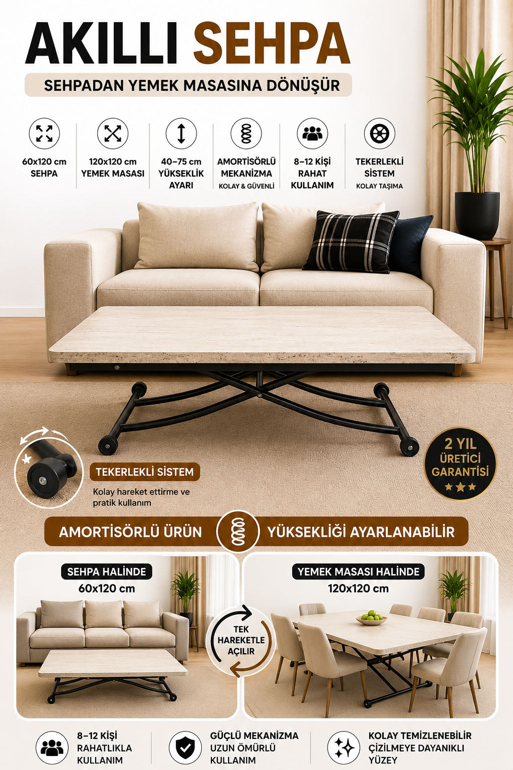 Juppo Smart Coffee Table – Travertine MDF Top & Black Metal Legs