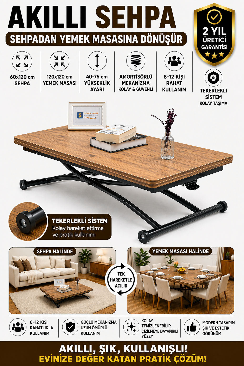 Juppo Smart Coffee Table – EfesCam MDF Top & Black Outward Curved Metal Legs